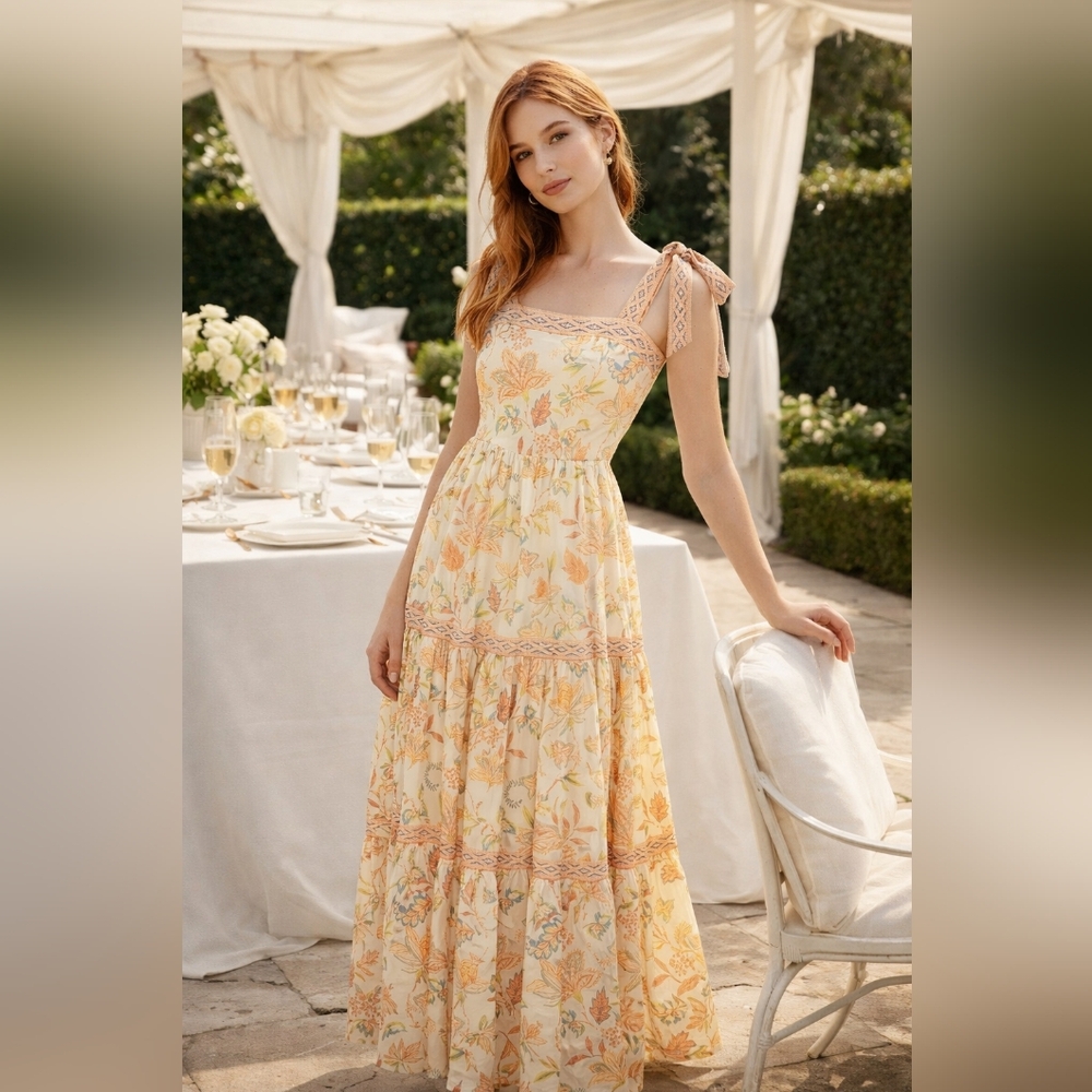 Floral Tiered Tropical Womens M Maxi Flowy Fairy Whimsical Dress Classic Luxury